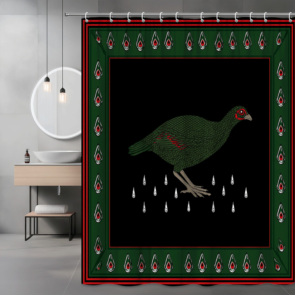 Green Bird Shower Curtain with Red Border and Droplet Print