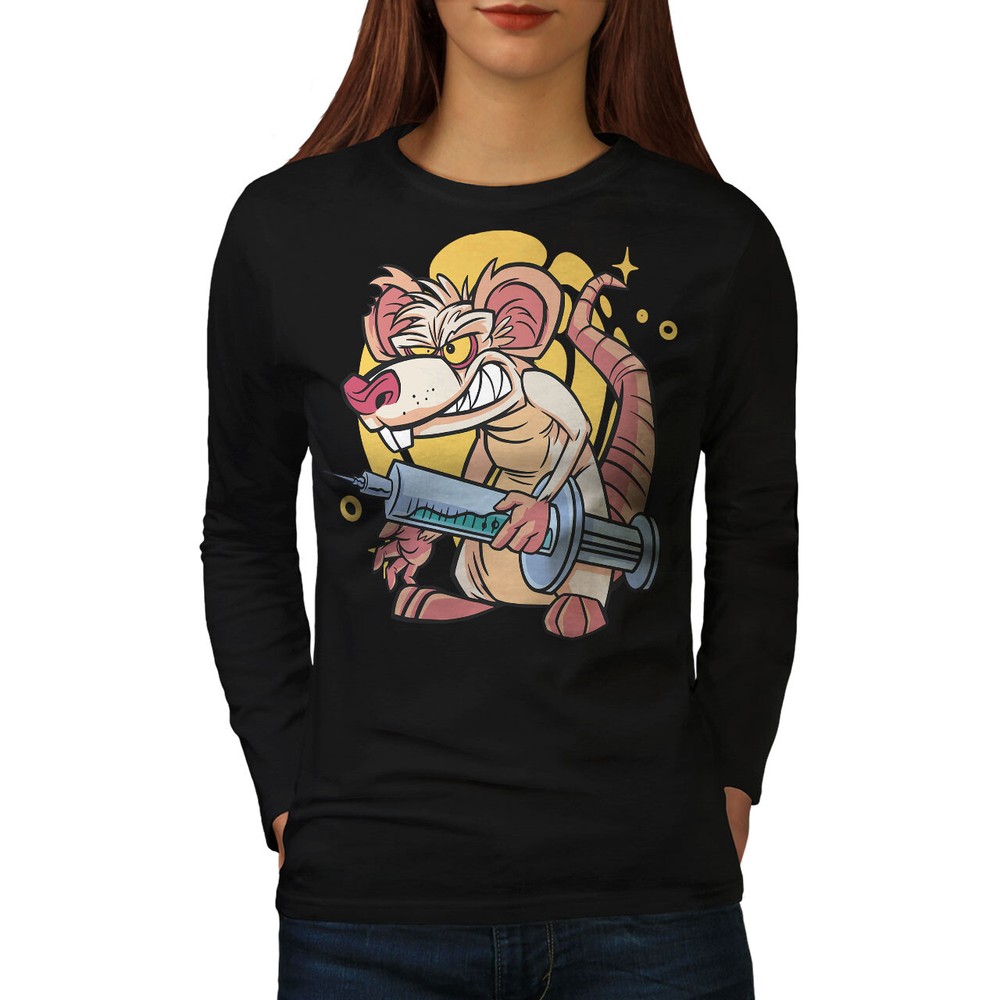 Wellcoda Cartoon Rat With Syringe Mischievous Womens Long Sleeve T-shirt
