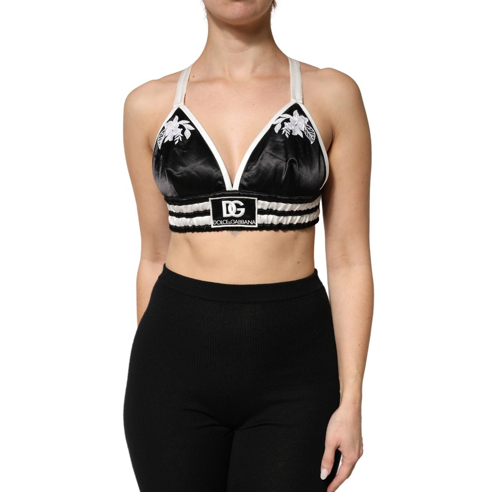 DOLCE & GABBANA Top Black Floral Silk Satin Crop Logo Bralette IT40/US6/S $900
