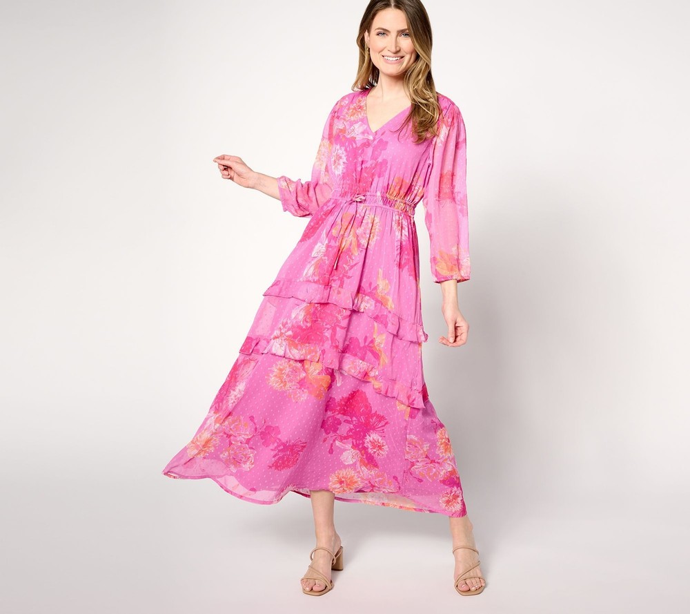Destination 365 Women's Plus Sz Dress 1X Floral Clip Dot Chiffon Pink A643232