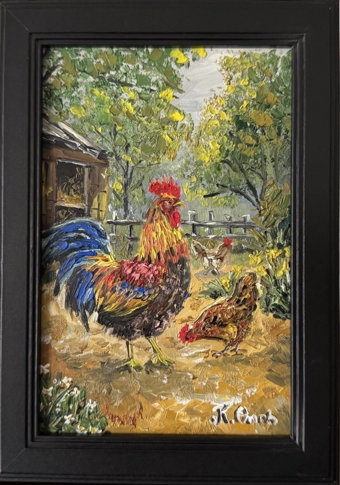 ORIGINAL OIL PAINTING ROOSTER HEN CHICKEN IN GARDEN LANDSCAPE SIGNED FRAMED 4x6