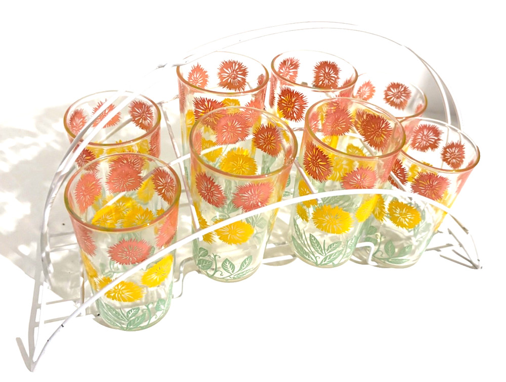 Vintage Libby Flower Burst Juice Drinking Glasses with Caddy