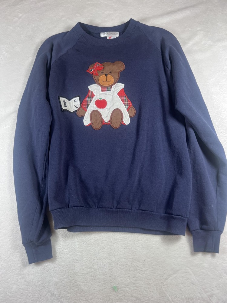 Vintage Karen's Sweatshirt Womens L Blue Crewneck Teddy Bear Teacher Fleece USA