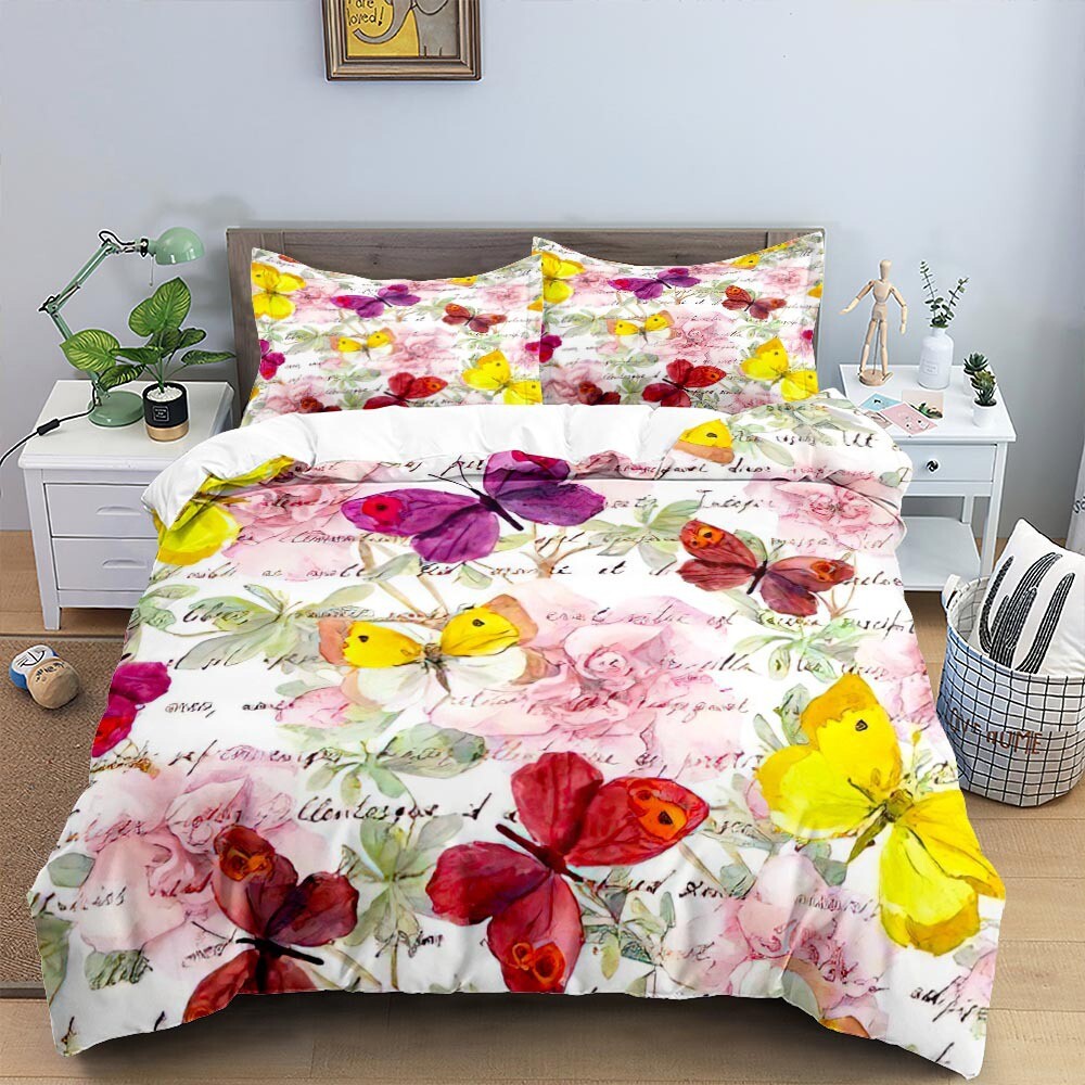 Oil Painting Butterfly Quilt Cover Pillowcase Queen Color Comfort Bedding Set