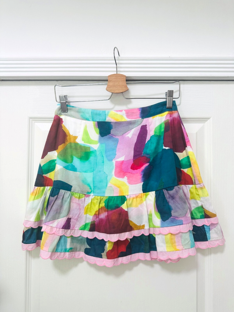 Stellah Abstract Watercolor Ruffle Mini Skirt NWT in XS X-Small Size-image