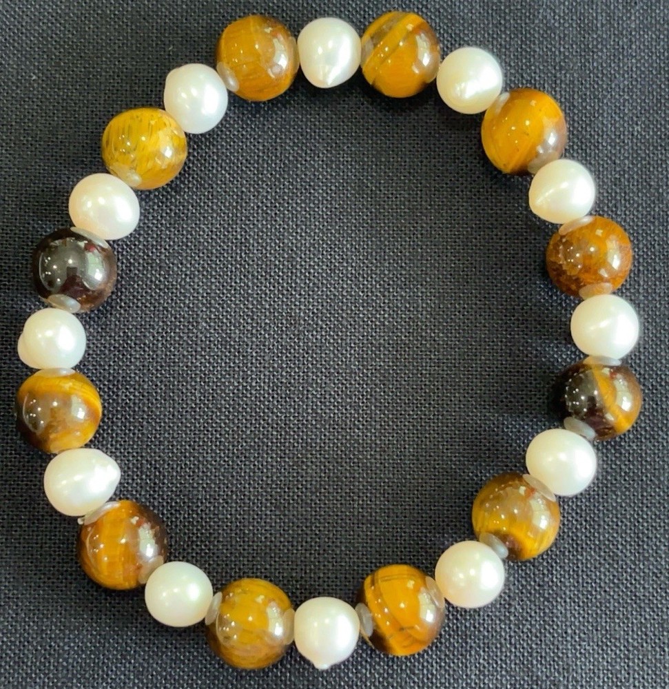 Handmade Tiger’s Eye & Freshwater Pearl Stretch Bracelet Gemstone Bracelet