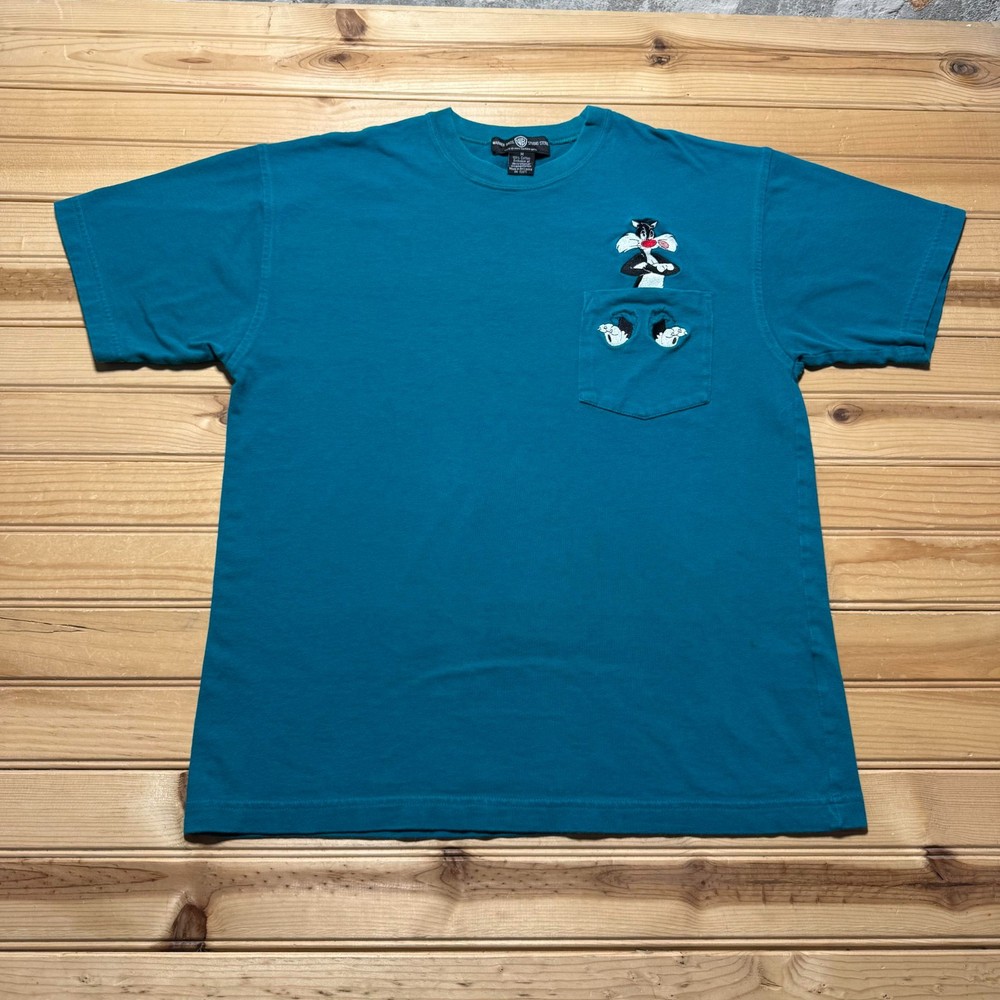 Vintage 1995 Warner Bros Sylvester Looney Tunes Embroidered Pocket Shirt Medium
