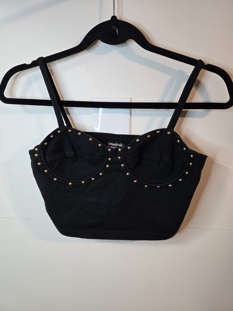 Vintage Y2K Bustier Crop Tank Top Small Black Studded Biker Indie Rock Grunge