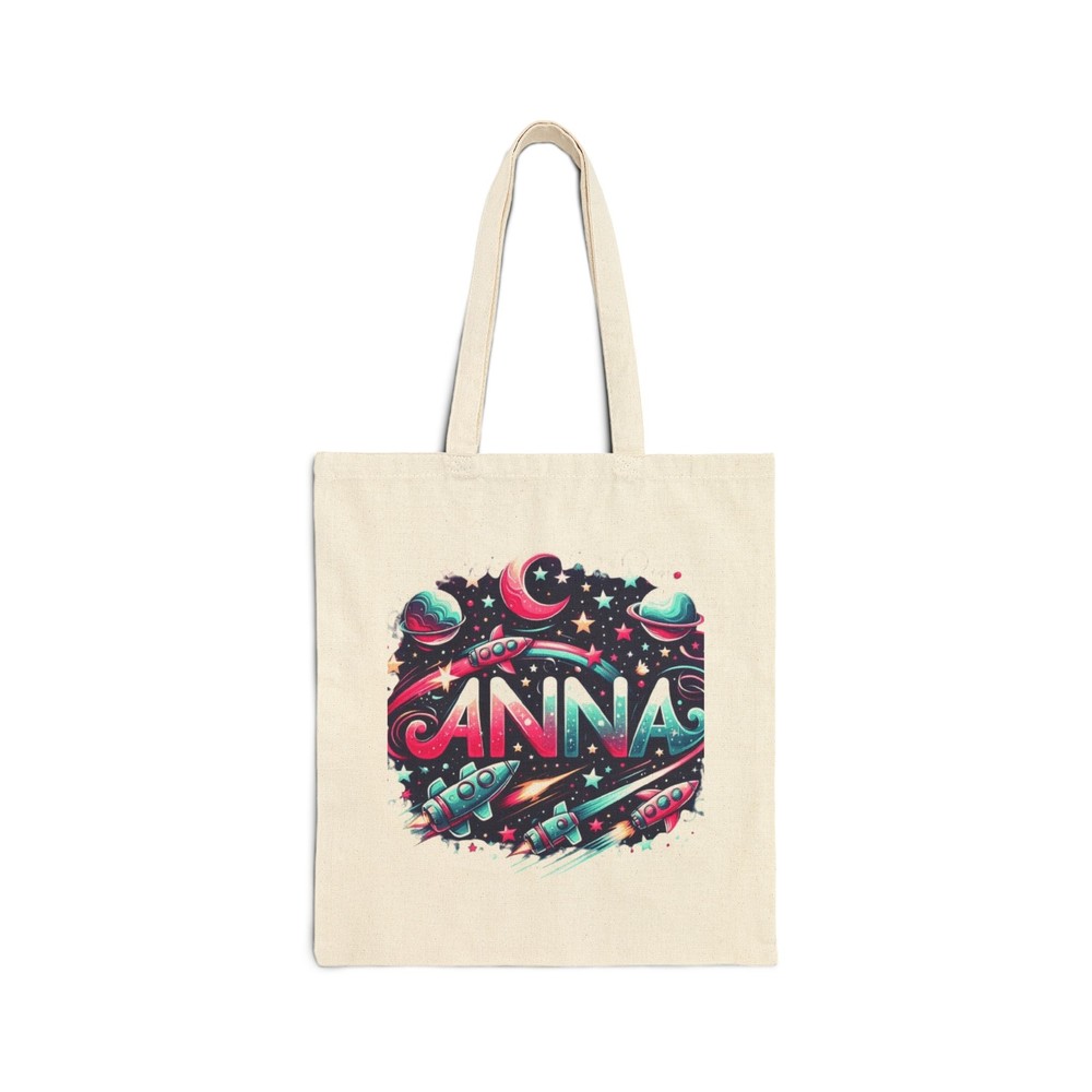 Personalized ANNA Cotton Canvas Tote Bag with Stars Moon Spaceship Design
