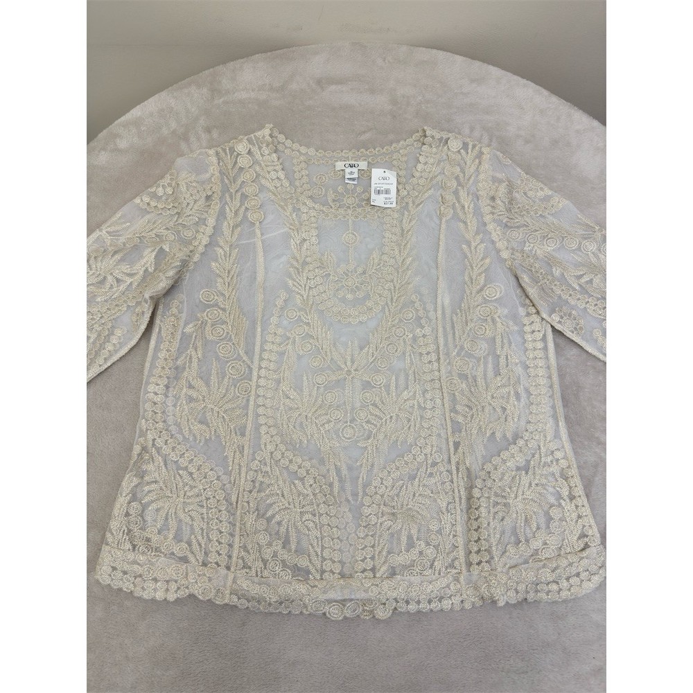 NWT Cato Blouse Womens XL Beige Sheer Lace Embroidered Floral 3/4 Sleeve NEW!