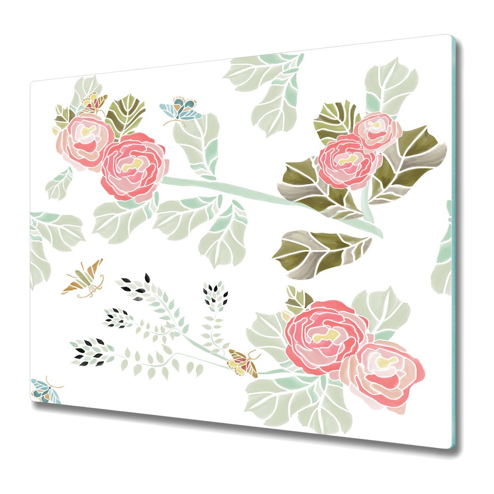 Tempered Glass Worktop Saver Pastel Flowers with butterflies Floral Watercolour