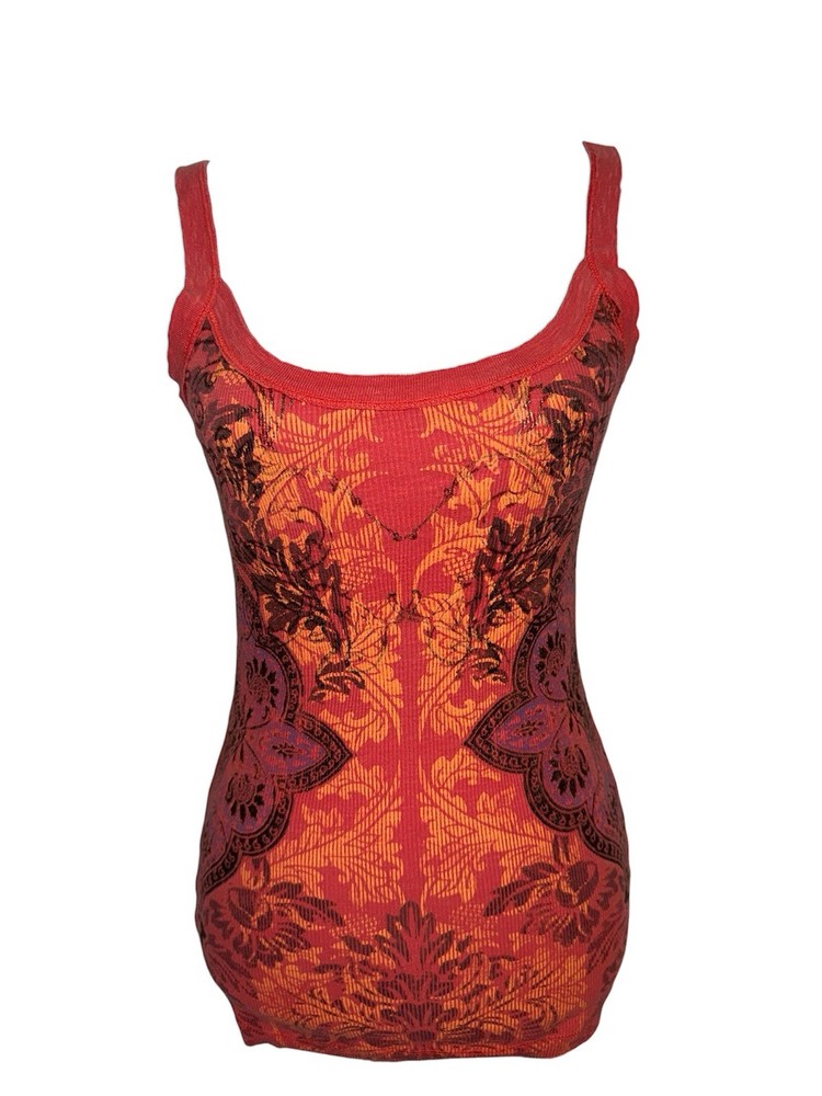 Vtg FANG Womens Medium Red Orange Graphic Ribbed Tank Top Y2K 2000