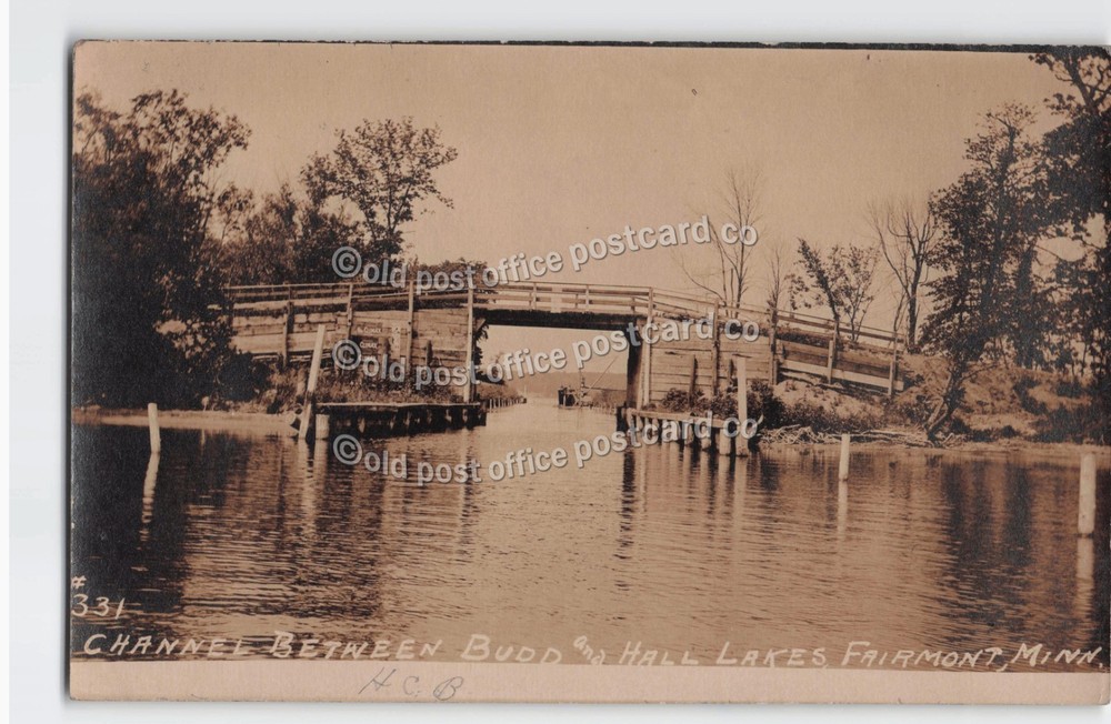 Fairmont, Minnesota-Channel Between Lakes Bud & Hall-Bridge-RPPC Photo Postcard