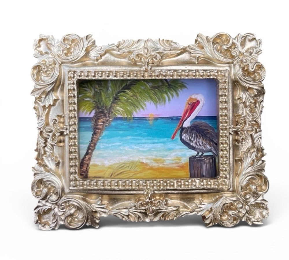 Pelican mini watercolor bird print of original painting • vintage ornate frame