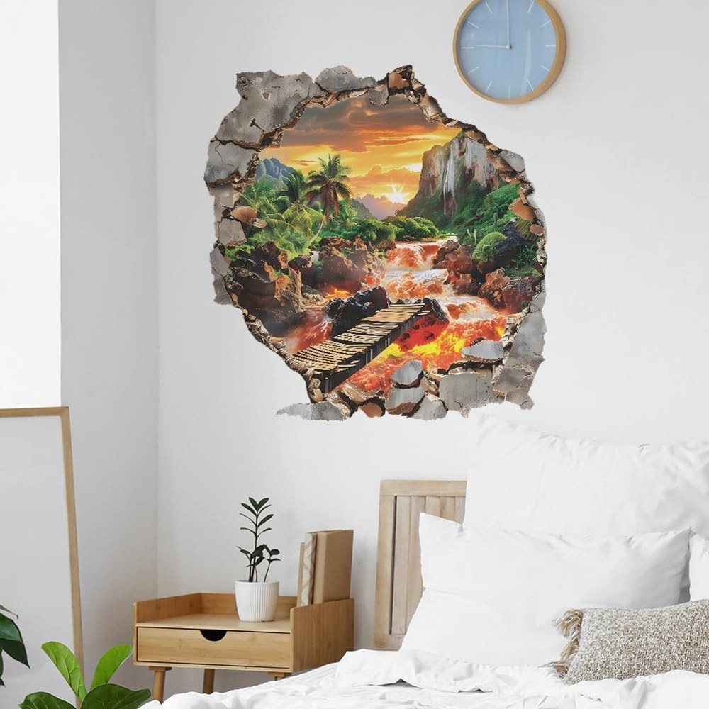 3D Jurassic Flaming Mountain Wall Stickers Palm Tree Vinyl Wall Decals for Be...