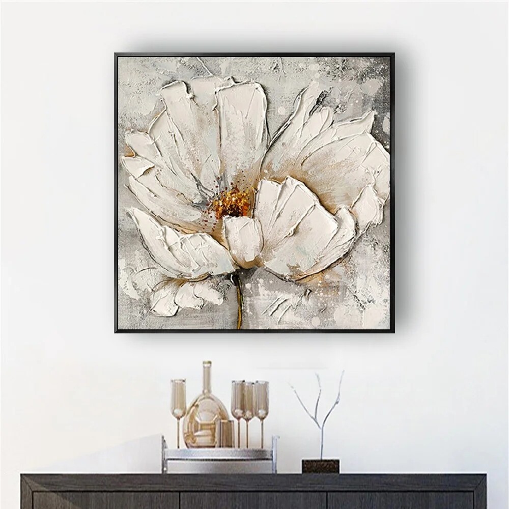 Hand-Painted White Flowers Oil Painting On Canvas Wall Art Nordic Abstract Decor