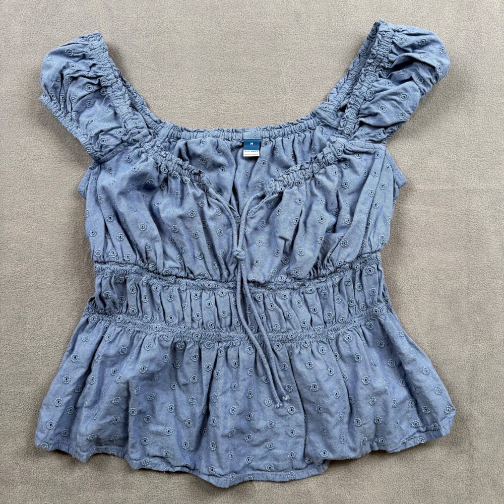 Old Navy Eyelet Peplum Top Cotton Cottagecore Poetcore Milkmaid Blue Size M