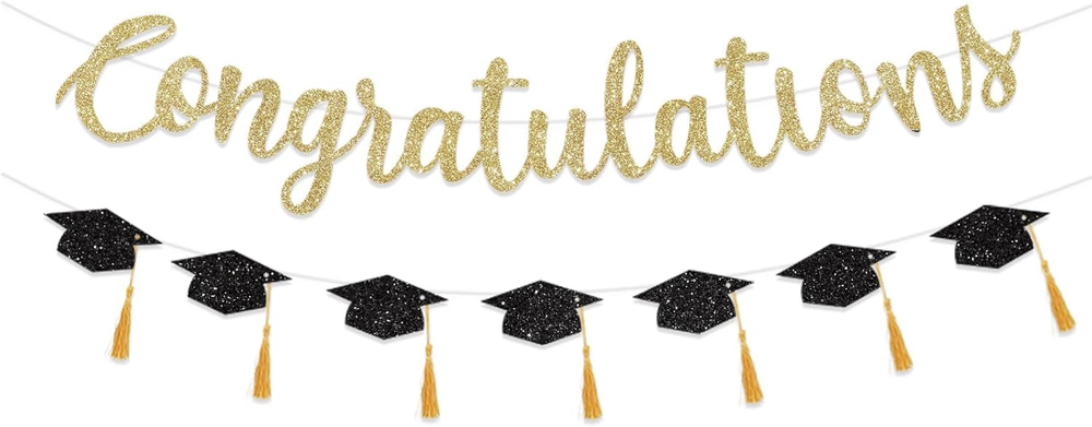 Class of 2025 Gold Glitter Graduation Banner Decorations Congrats