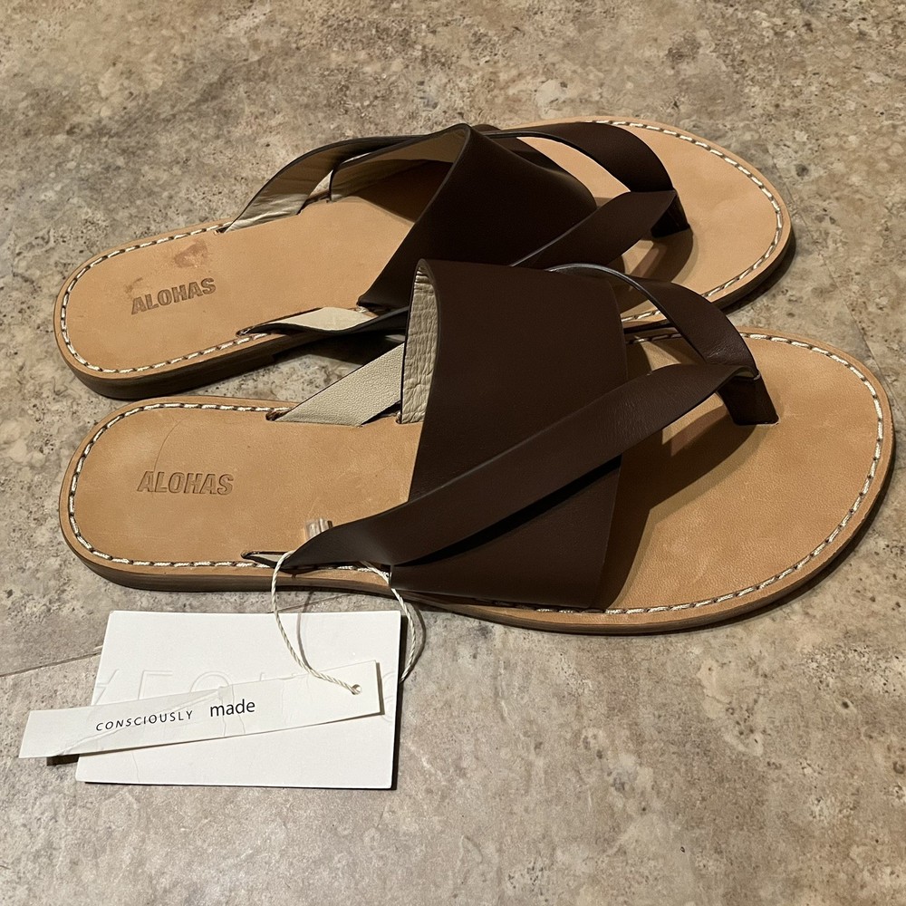 NWT Alohas Leather Sandals Women’s EU 39 US 8 Brown Strappy Thong Flat