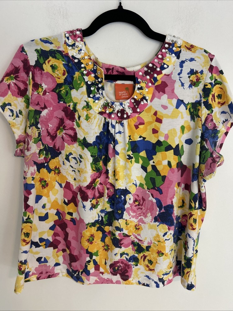 Hearts Of Palm Women's PXL Floral Short Sleeve V-Neck Studded Pull Over Top
