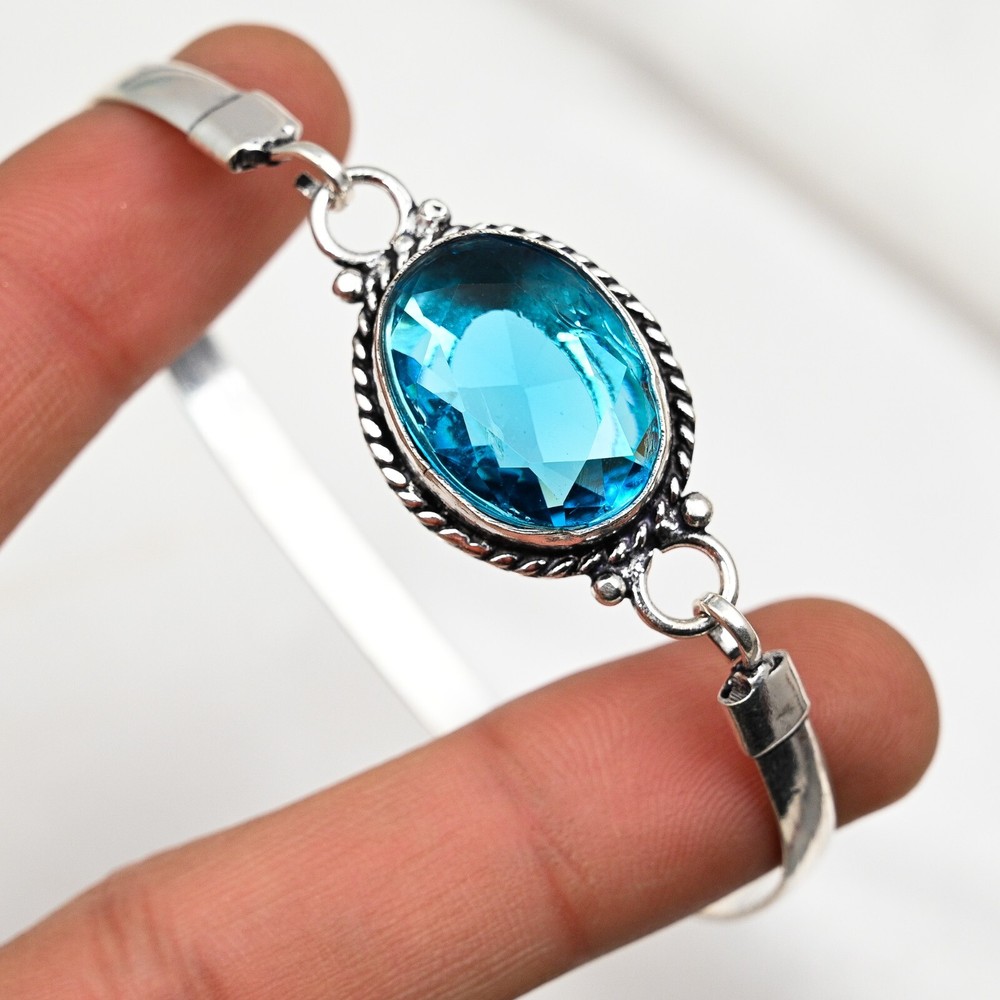 Blue Topaz Bracelet Fine Gemstone Handmade 925 Sterling Silver Designer Jewelry