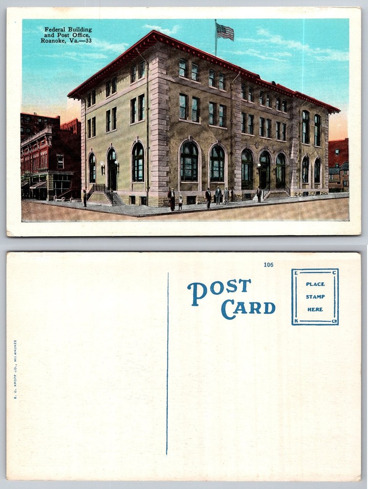 Roanoke VA Federal Building Post Office Vintage Postcard E.C. Kropp Co.