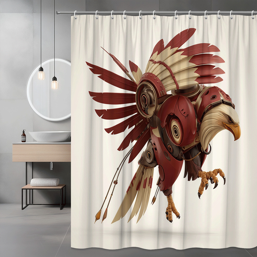 Eagle Robot Graphic Shower Curtain Red Beige Bird Art