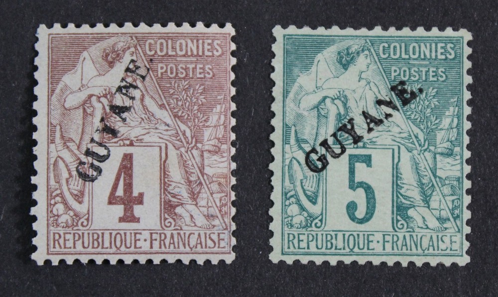 CKStamps: France Stamps Collection Guiana Scott#20 H OG Signed #21 Unused NG