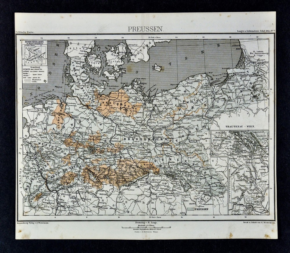 1875 Lange Map - Prussia - Germany Brandenburg Berlin Dresden Hamburg Frankfurt