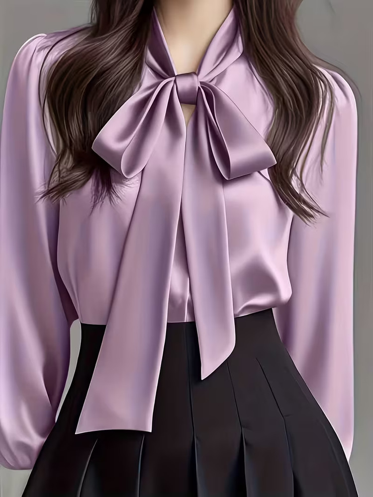 New Lavender Silky Satin Long Sleeve Pussy Bow Secretary Blouse Plus 2XL
