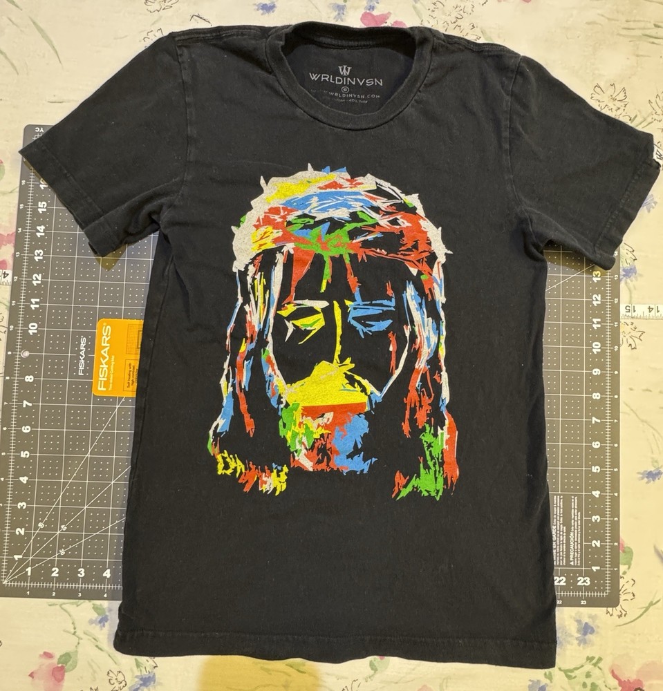 WRLDINVSN Abstract Jesus Graphic T-Shirt Mens Small Black Streetwear Tee-image