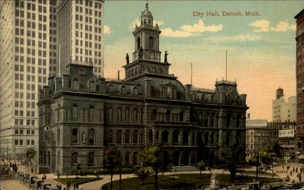 City Hall Detroit Michigan antique cars park ~ c1910 vintage postcard
