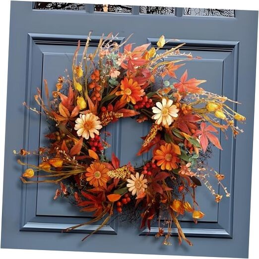 24-Inch Farmhouse Fall Wreath with Holly Berries & Yellow Daisies