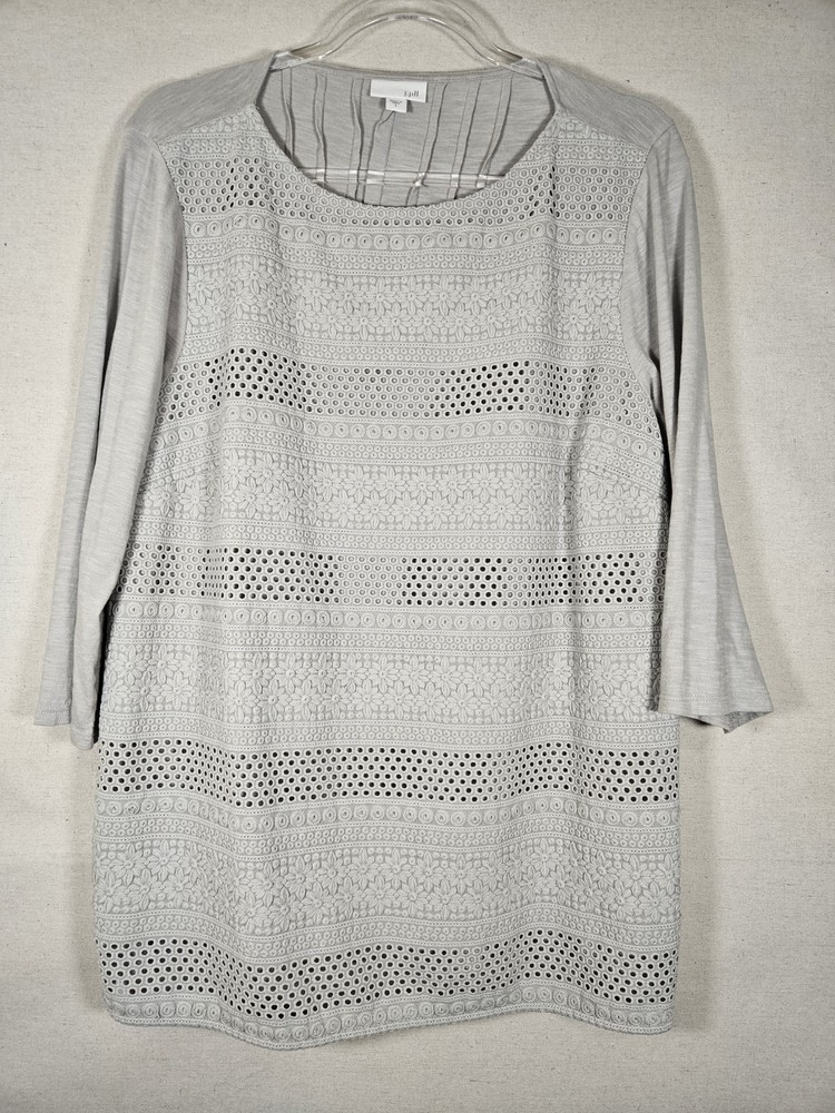 J Jill Top Blouse Tunic Womens SZ L Embroidery Pull Over 3/4 Sleeve Cotton Gray