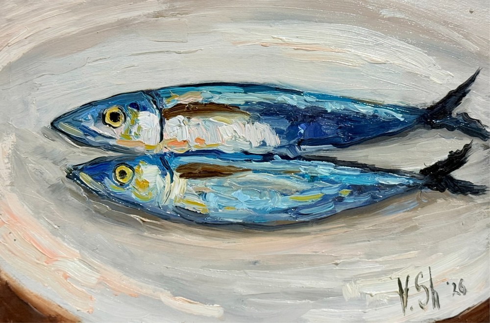 Sardine Original Oil Painting Fish Seafood Art Sardine Still life Kitchen Signed