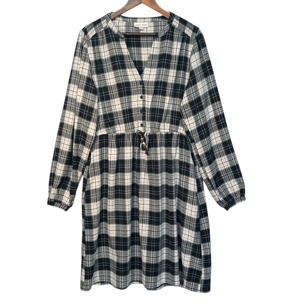 Knox Rose Women's Black & White Plaid Button Down Shirt Dress Size L Long Sleeve