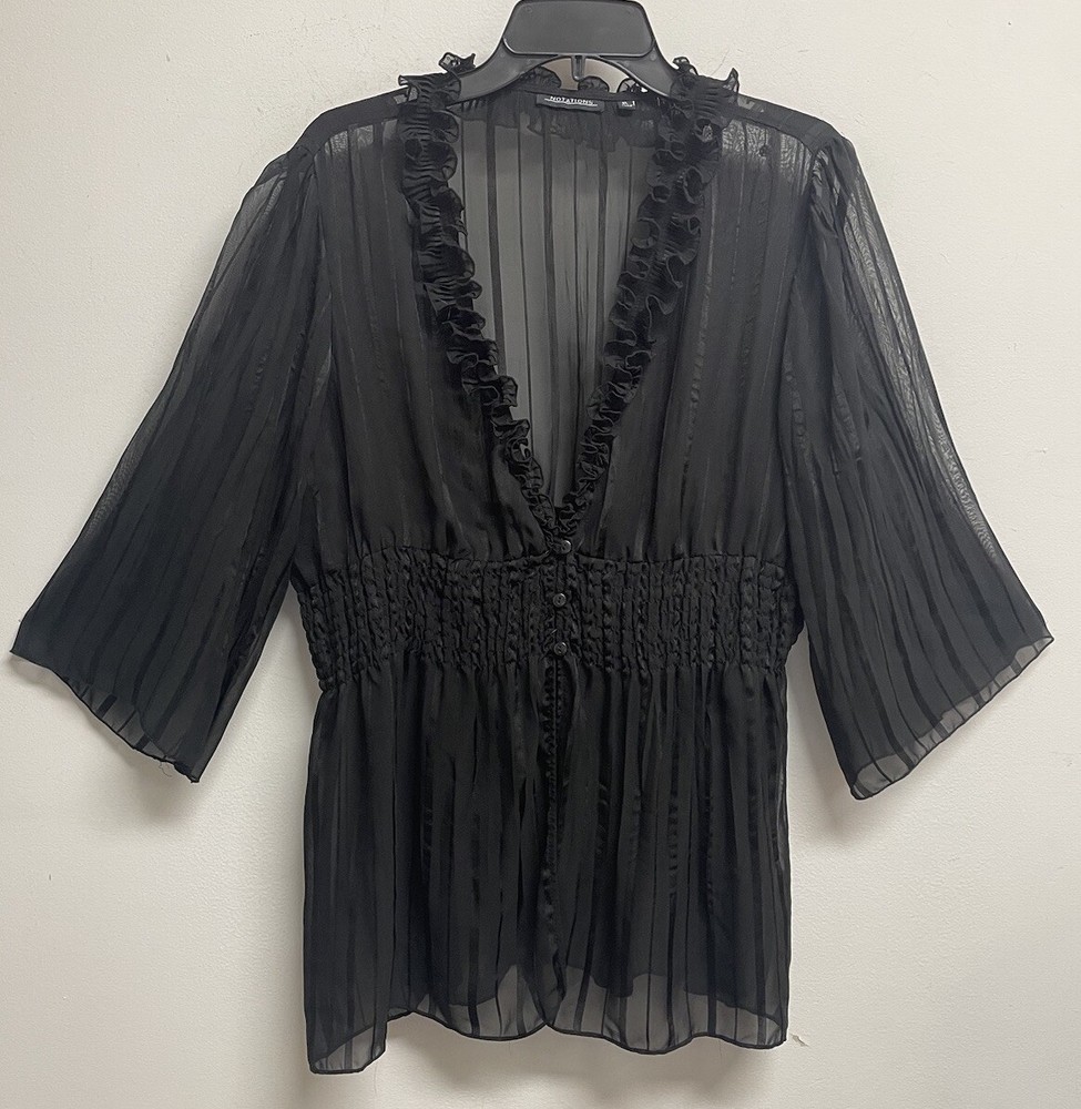 NOTATIONS black Sheer Striped 3/4 Sleeve Smocked Blouse Shirt - Women’s Size XL