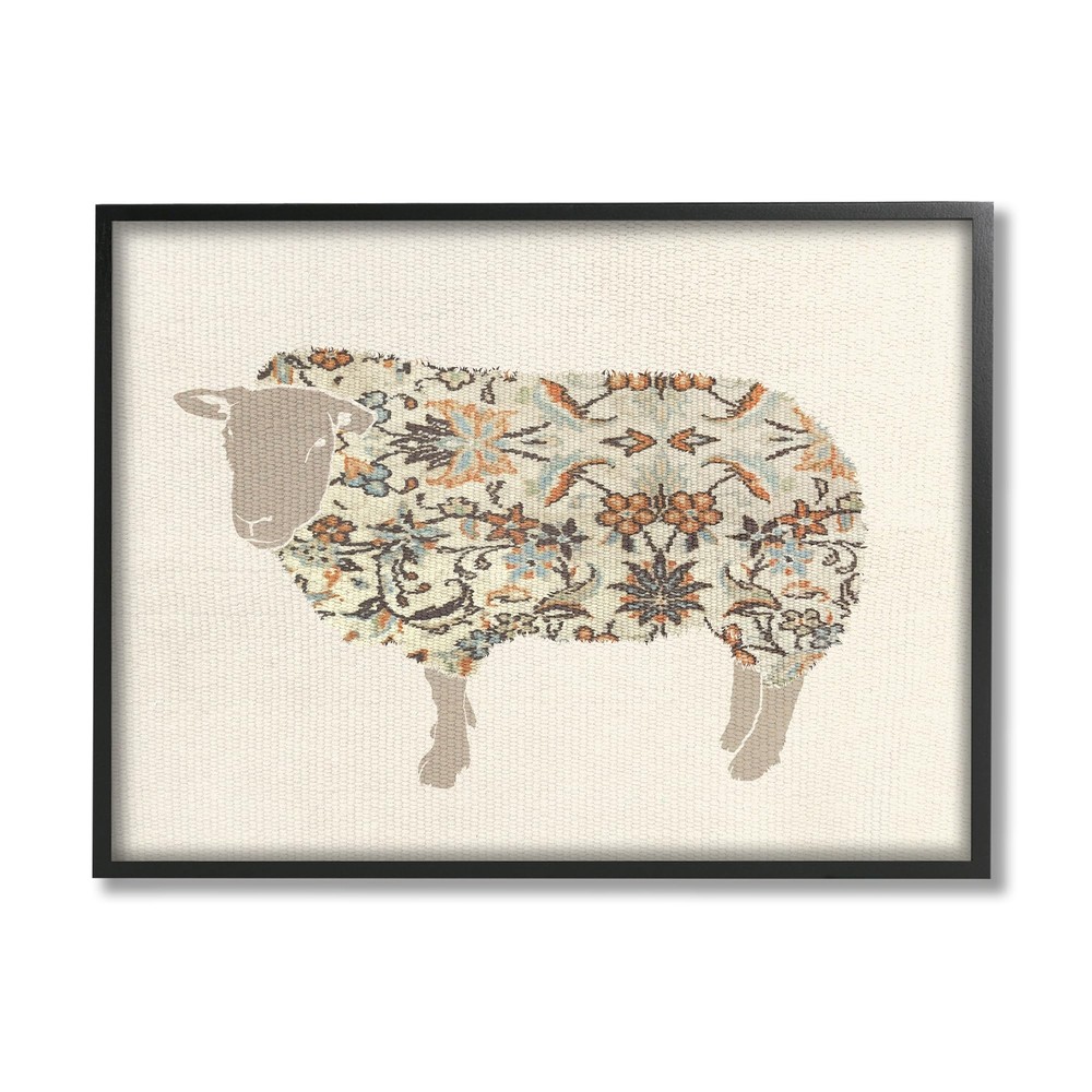 Traditional Floral Pattern Sheep Black Framed Giclee Art Design by Lil' Rue