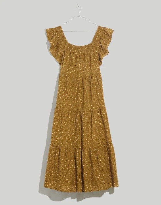 Madewell Ruffle-Sleeve Tiered Midi Dress “Daisy Stitch” Weathered Olive Size S