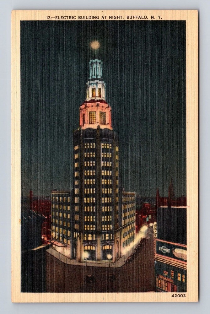 Buffalo NY- New York, Electric Building At Night, Advertisement Vintage Postcard