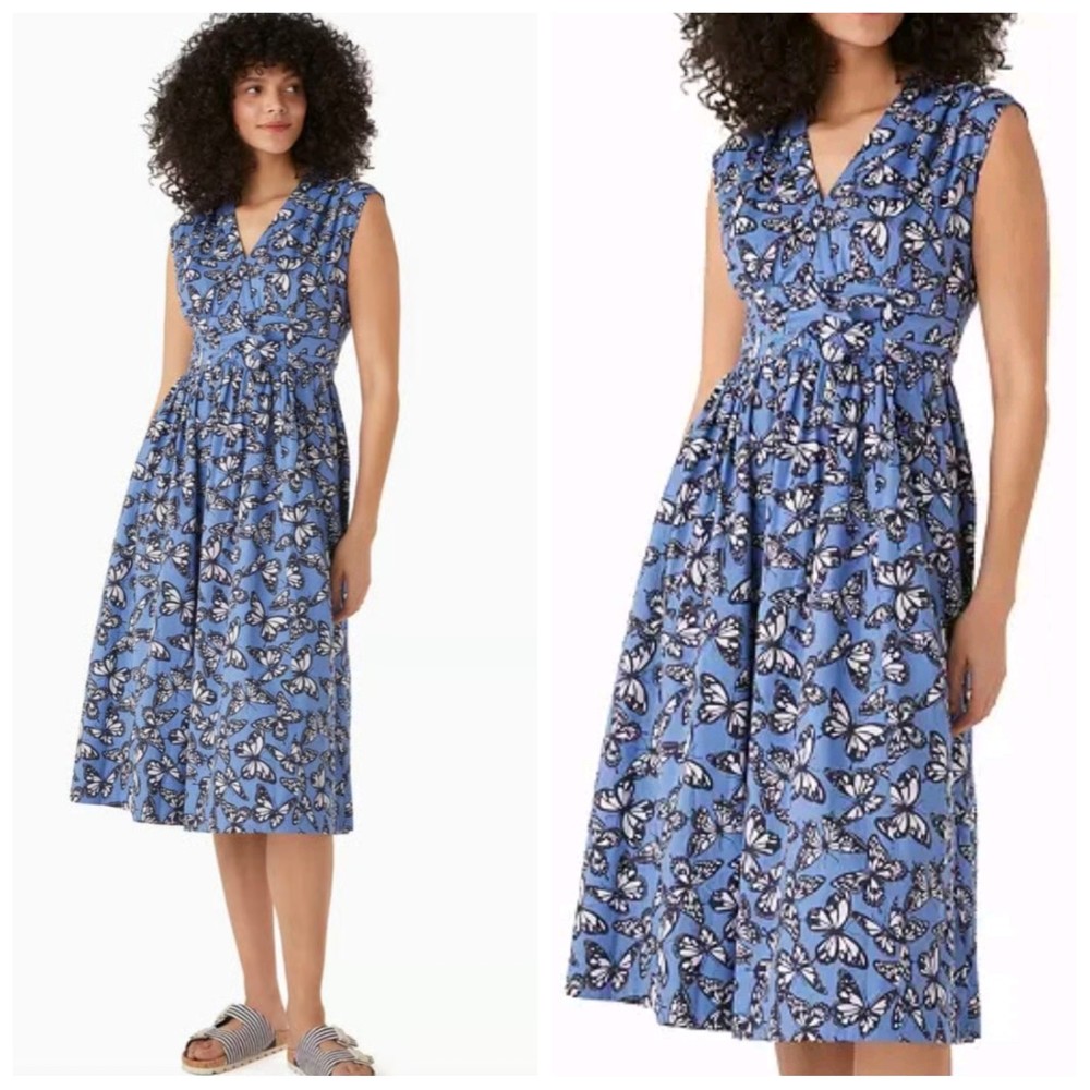 Kate Spade $399 Poplin Bow Butterfly Print Dress Women's 8 Blue Cotton Coquette