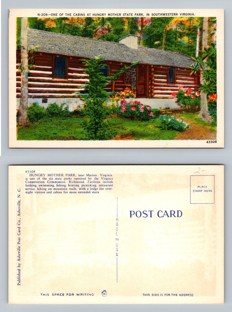 Marion, VA-Virginia, Hungry Mother State Park Log Cabin Flowers Vintage Postcard