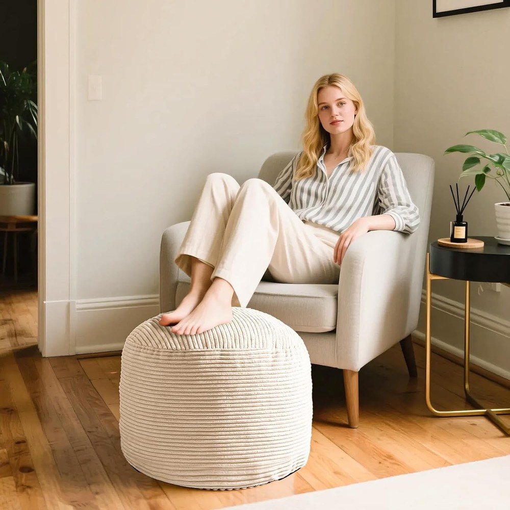 Foot Stools Ottoman,Round Stuffed Pouf Ottoman Corduroy Poufs W/ Foam Chunk