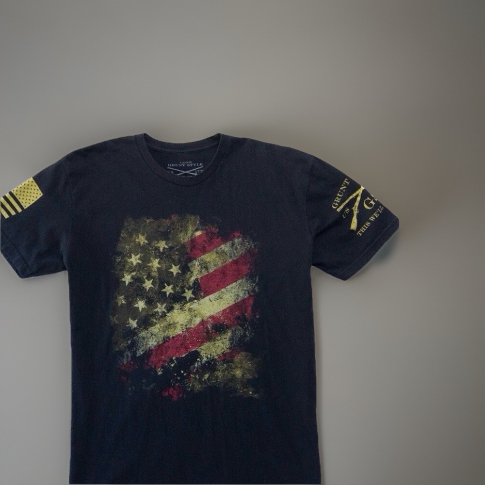 Grunt Style American Flag Black Graphic Men's Patriotic Short Sleeve T-Shirt L