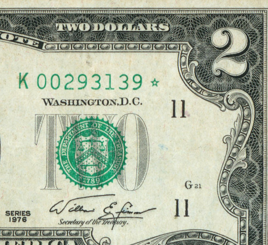 **STAR - 6 DIGIT** $2 1976 Federal Reseve Note ** PAPER CURRENCY