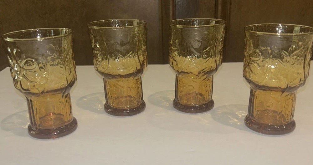 Vintage Libbey “Country Garden” Amber Footed Goblets — Set of 4