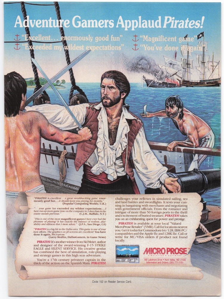 SID MEIER'S PIRATES! Computer Video Game Ad Vintage 1987 Commodore 64 Apple IIe