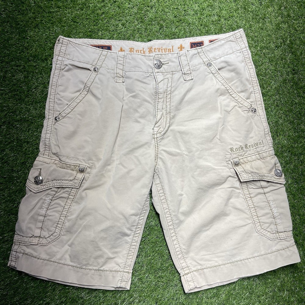Rock Revival Cargo Shorts Mens 34 (Fits 36x11) Khaki Distressed Grunge Y2K