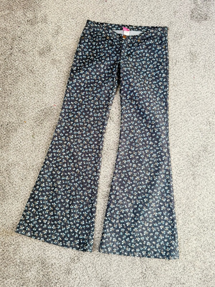 Miss Me Jeans Size M Wide Leg Flare Floral Low Rise Dark Wash Denim Ditsy 31x32