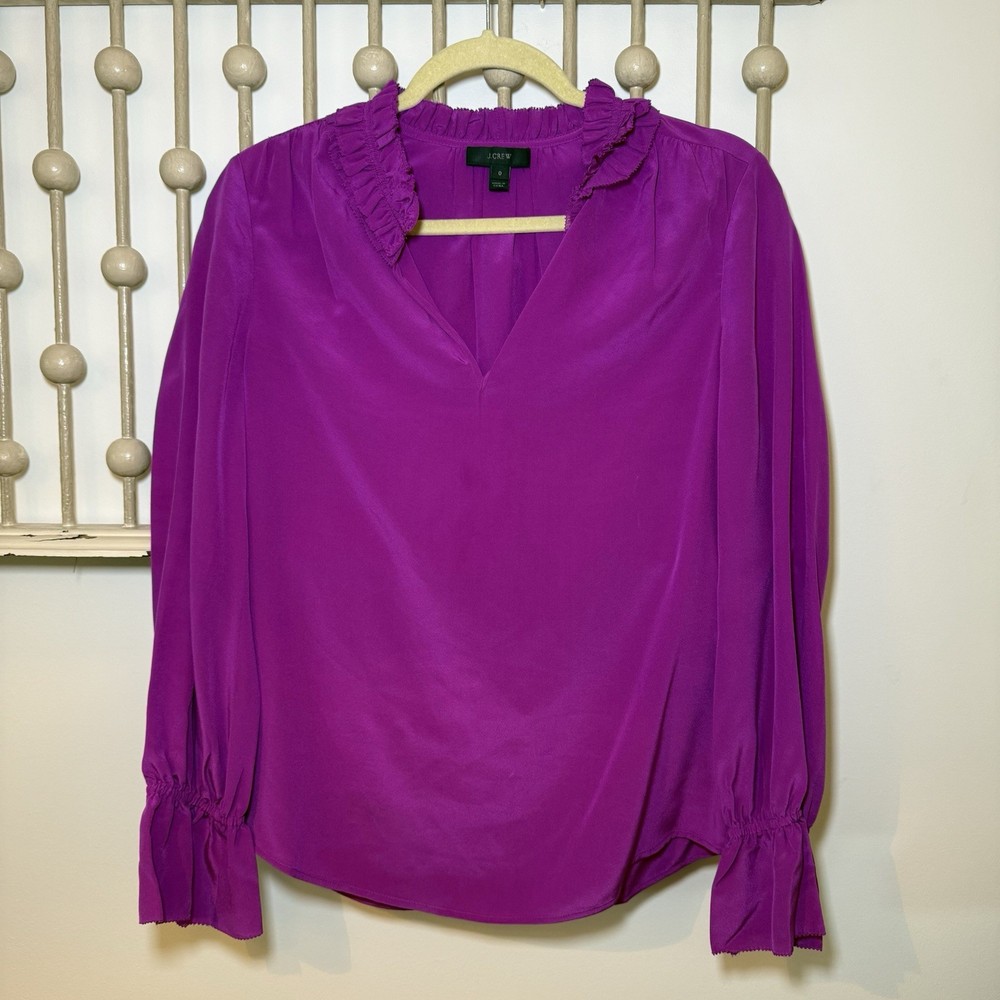 J. Crew Purple Ruffle Neck 100% Silk Blouse Size 0 Professional Workwear Spring